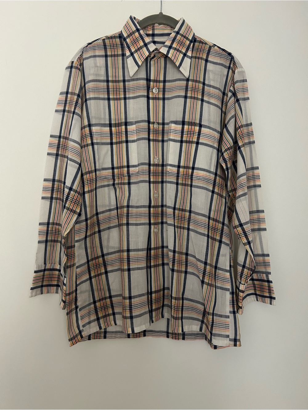 Translucent Plaid Button-Up Shirt in Cream and Navy